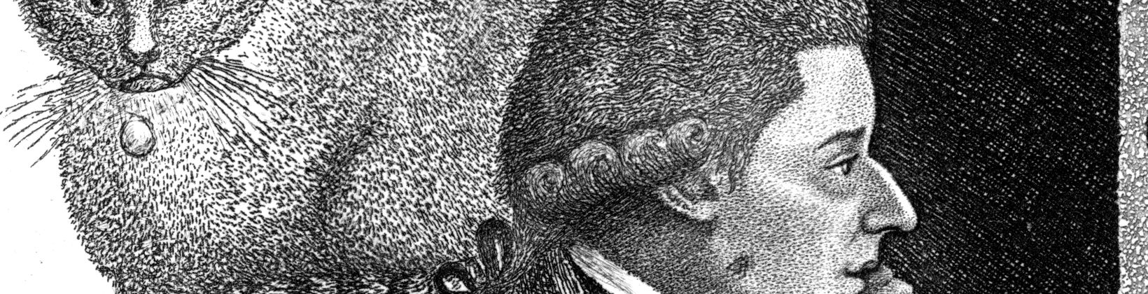 An 18th-century line engraving of a seated gentleman resting his chin on his hand, a cat on the chair behind him.