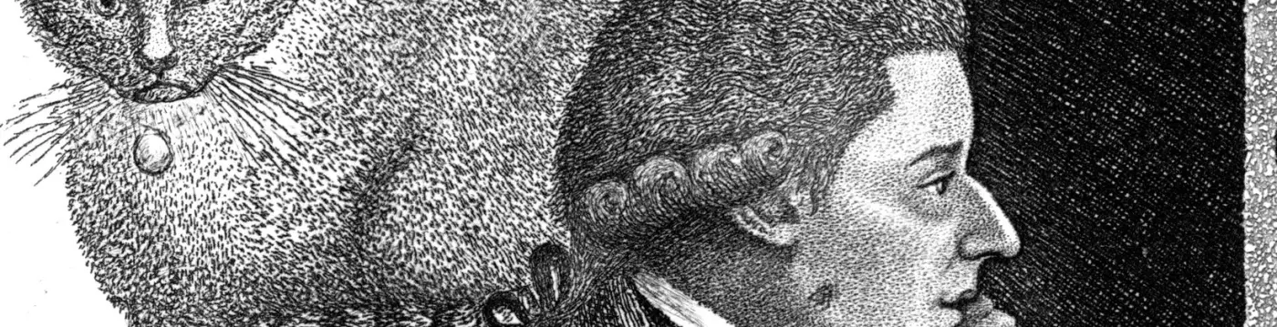 An 18th-century line engraving of a seated gentleman resting his chin on his hand, a cat on the chair behind him.