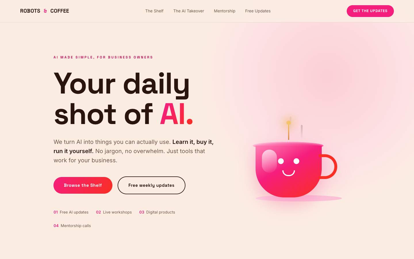 Robots and Coffee, live storefront screenshot