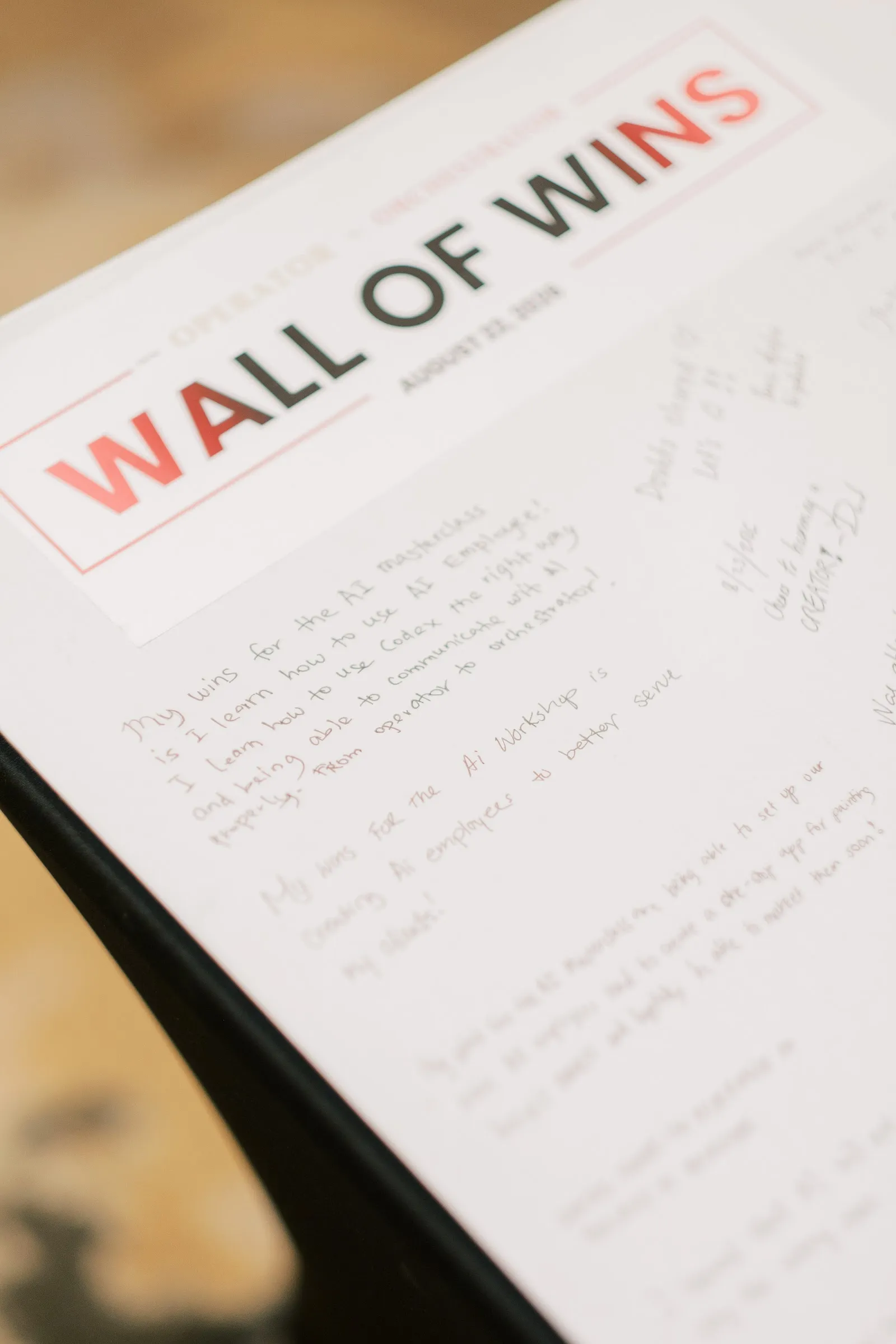 The Wall of Wins sheet, Day 2.